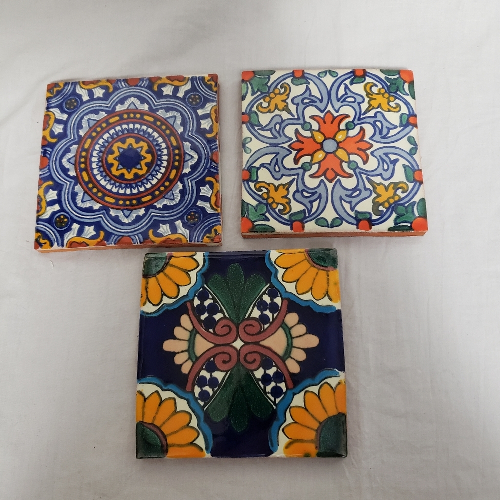 Three Colorful Mexican Ceramic Tile Drink Coasters Handcrafted